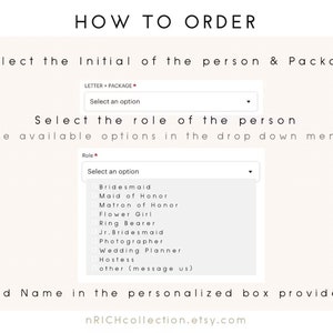 Peut inclure: Comment commander un cadeau personnalis&eacute; pour la f&ecirc;te de mariage. S&eacute;lectionnez l'initiale de la personne, le forfait et le r&ocirc;le dans les menus d&eacute;roulants. Ajoutez le nom dans la case personnalis&eacute;e fournie. nRICHcollection.etsy.com