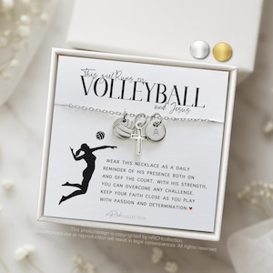 May include: A silver necklace with a volleyball charm, a cross charm, and a letter charm. The necklace comes in a white box with a black and white image of a volleyball player and the text "This girl runs on volleyball and Jesus".