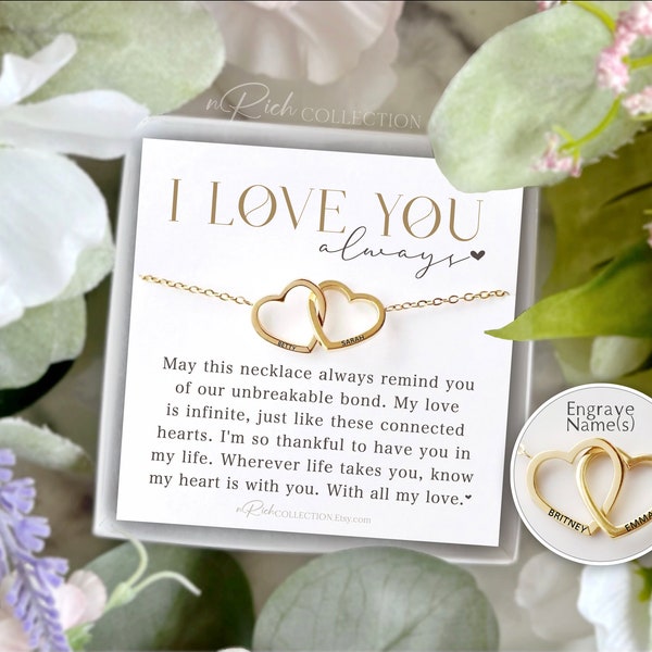 Sentimental Christmas Gift for Mother Grandmother Sister Friend Female Personalized Meaningful Name Necklace Connected Heart Infinity Bond