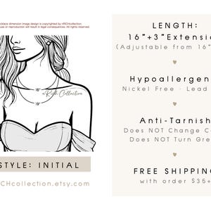 May include: A line drawing of a woman wearing a necklace with a 16-inch chain and a 3-inch extension. The necklace is adjustable from 16 to 19 inches. The necklace is hypoallergenic, nickel and lead free, and anti-tarnish. The necklace is available in an initial style. The text "nRICHcollection.etsy.com" is also included in the image.