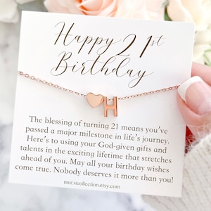 May include: A white card with the text "Happy 21st Birthday" and a message about turning 21. A rose gold necklace with a heart and the letter "H" charm is displayed on the card.