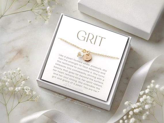 Grit & Grace Pearl Necklace Gift | Personalized Jewelry for Her | Strength Resilience Empowerment | Motivational Gift Overcoming Challenges