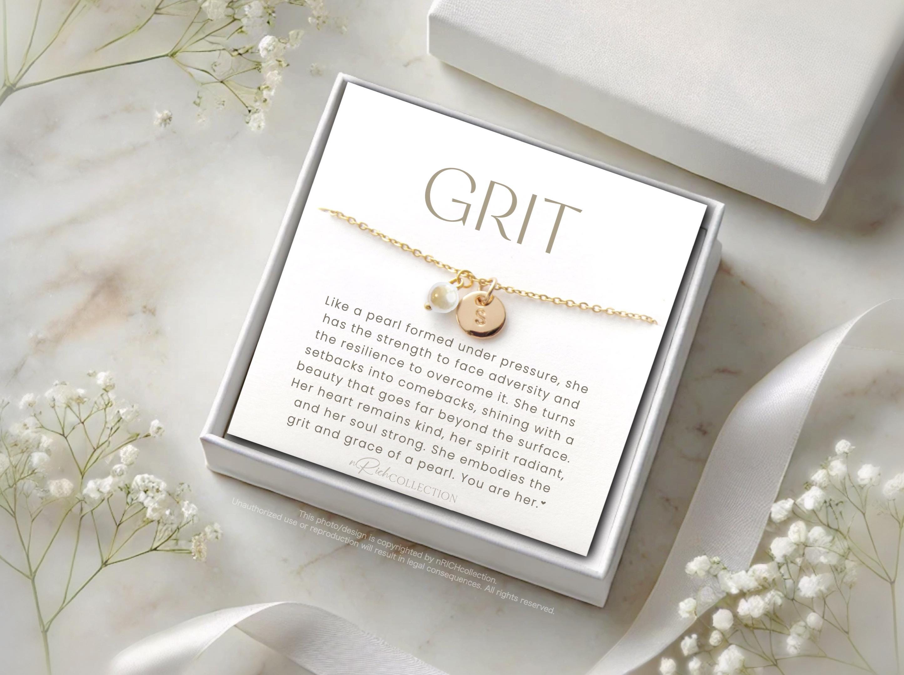 Grit & Grace Pearl Necklace Gift | Personalized Jewelry for Her | Strength Resilience Empowerment | Motivational Gift Overcoming Challenges