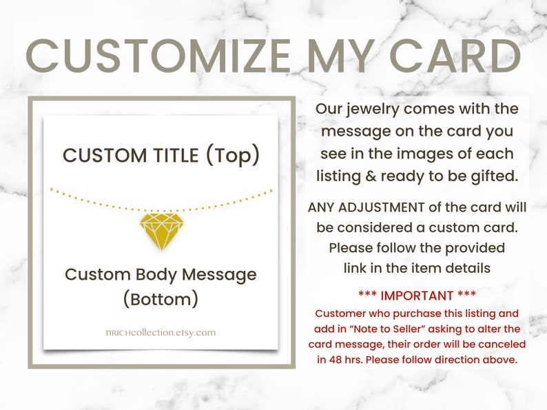May include: A white card with a gold diamond and the text "CUSTOMIZE MY CARD" in large letters. The card also has the text "CUSTOM TITLE (Top)" and "Custom Body Message (Bottom)" with the text "nrichcollection.etsy.com" at the bottom. The card is surrounded by a white border.