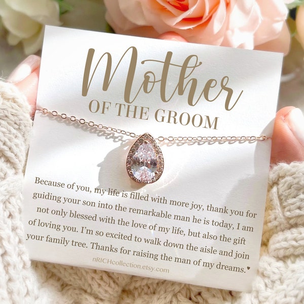 Mother of the Groom Jewelry Gift Mother on My Wedding Day Gift Mother of the Bride Necklace Gift Wedding Jewelry Rose Gold Teardrop Diamond