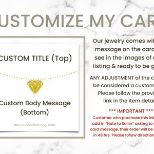 May include: Image promoting customizable cards for jewelry purchases. The card design includes fields for a custom title and body message, with a diamond graphic. Text explains the customization process and important notes.