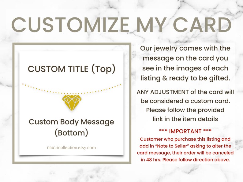 May include: Image promoting customizable cards for jewelry purchases. The card design includes fields for a custom title and body message, with a diamond graphic. Text explains the customization process and important notes.