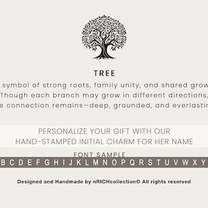 May include: A graphic with a black tree illustration at the top, the word "TREE" below it, and text describing the tree's symbolism. Below is a section that says "PERSONALIZE YOUR GIFT WITH OUR HAND-STAMPED INITIAL CHARM FOR HER NAME".