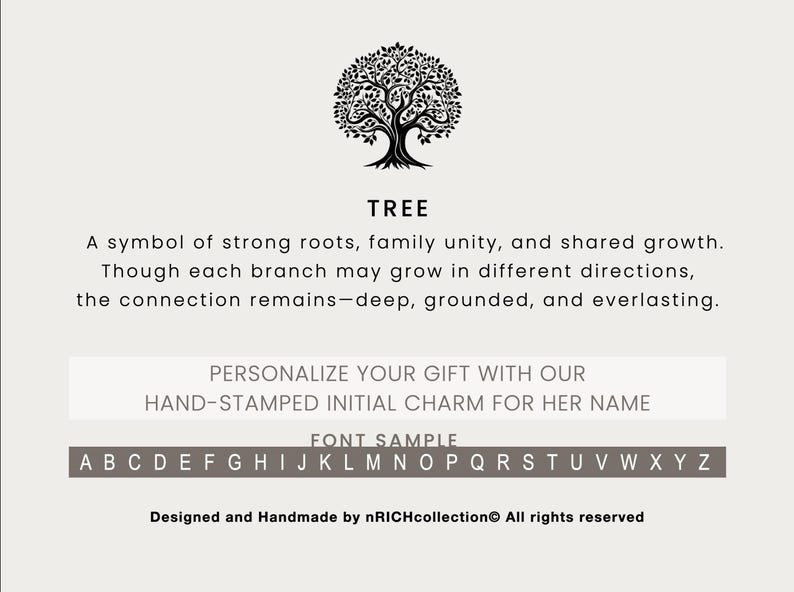 May include: A graphic with a black tree illustration at the top, the word "TREE" below it, and text describing the tree's symbolism. Below is a section that says "PERSONALIZE YOUR GIFT WITH OUR HAND-STAMPED INITIAL CHARM FOR HER NAME".