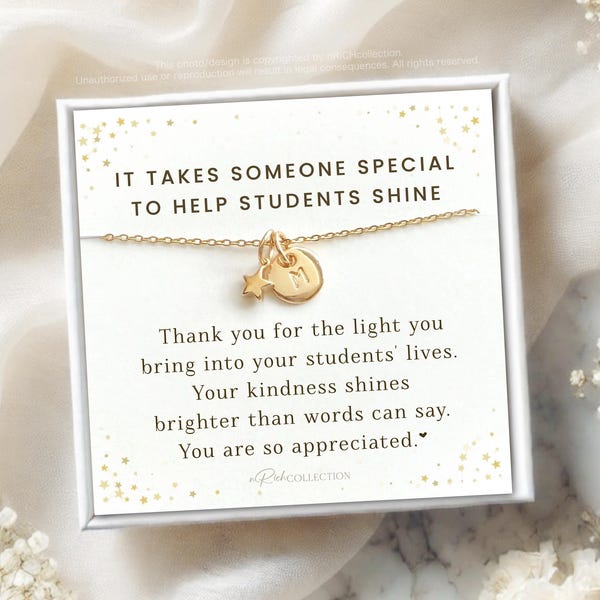 Cadeau de remerciement pour l'enseignant Merci, enseignant pour l'enseignant Garderie Préscolaire École primaire École intermédiaire Nom Initiale Collier Cadeaux