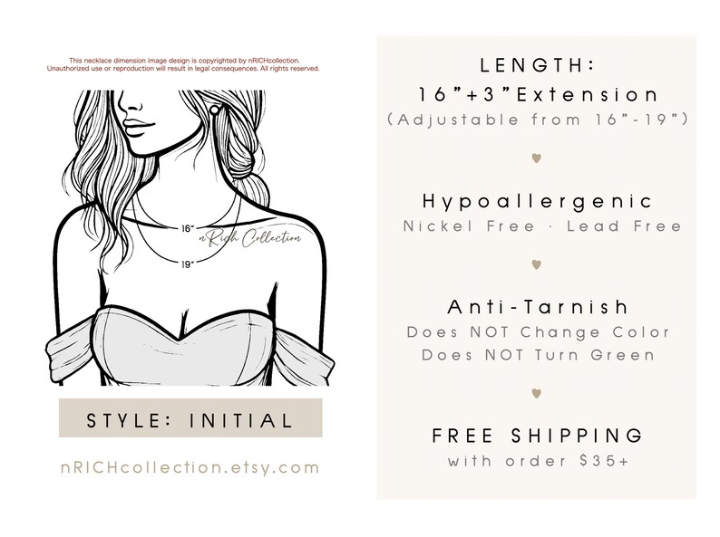 May include: A line drawing of a woman wearing a necklace with a 16-inch chain and a 3-inch extension. The necklace is adjustable from 16 to 19 inches. The necklace is hypoallergenic, nickel and lead free, and anti-tarnish. The necklace is available in an initial style. The text "nRICHcollection.etsy.com" is also included in the image.