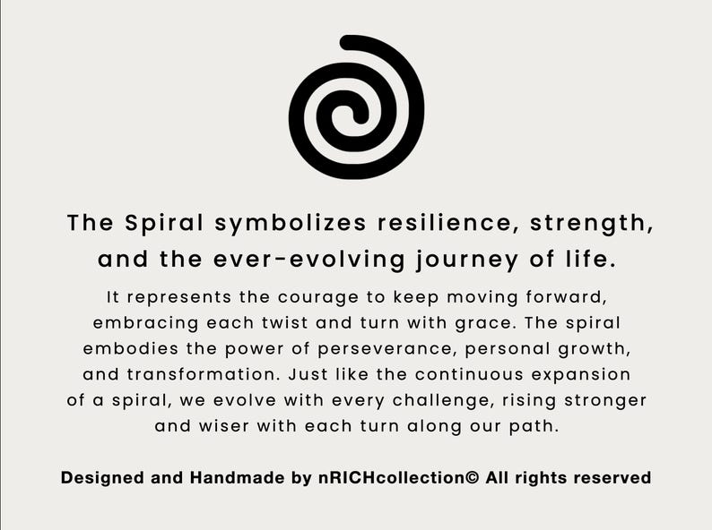 May include: A black and white spiral graphic with the text "The Spiral symbolizes resilience, strength, and the ever-evolving journey of life."  The text continues to explain the meaning of the spiral as a symbol of perseverance, personal growth, and transformation.  The text ends with "Designed and Handmade by nRICHcollection&reg; All rights reserved."