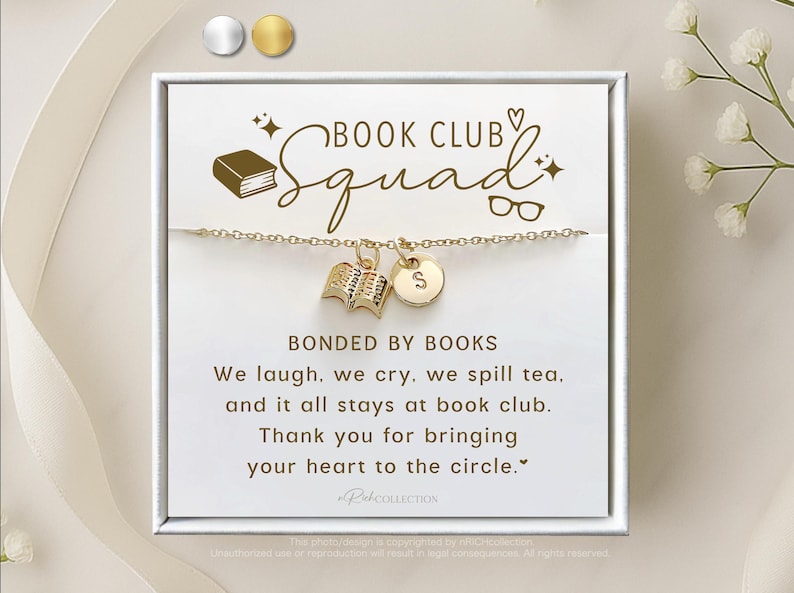 Heartfelt & Sentimental
Celebrate your sisterhood of stories with this meaningful Book Club Squad necklace. Featuring a book charm and personalized initial, it's a beautiful reminder of laughter, tears, and tea shared in your reading circle. A heartfelt gift for your favorite bookworms and soul sisters.