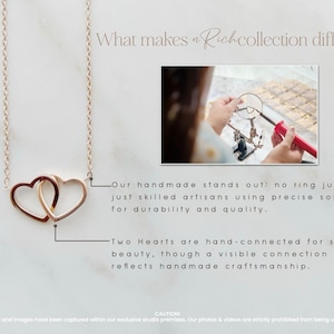 May include: A gold-colored necklace with two interlocking heart pendants. The image includes text that reads "What makes a Rich collection different?" and highlights the handmade craftsmanship and quality of the jewelry.