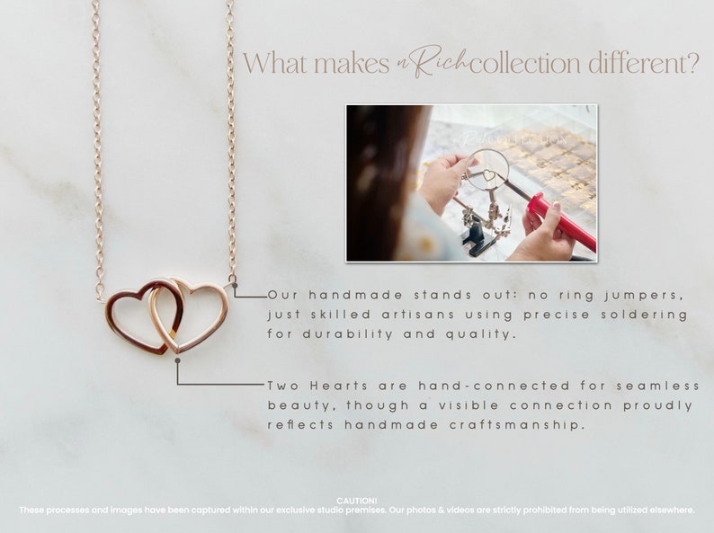 May include: A gold-colored necklace with two interlocking heart pendants. The image includes text that reads "What makes a Rich collection different?" and highlights the handmade craftsmanship and quality of the jewelry.