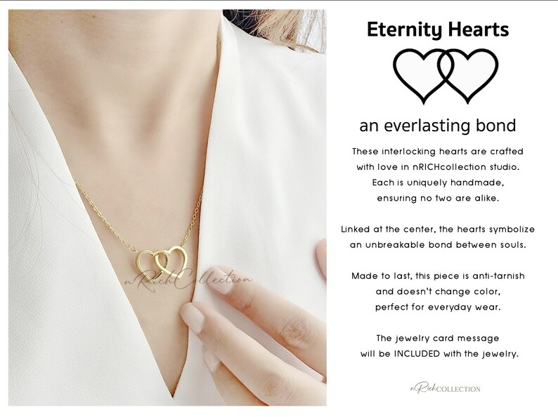 May include: A gold-colored necklace featuring two interlocking heart pendants. The necklace is displayed on a person wearing a white top. The image includes the text "Eternity Hearts" and "an everlasting bond".