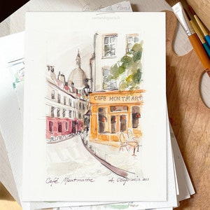 Café Montmartre - Parijs aquarel, Parijs Art Print, kunst aan de muur Parijs, schetsen van Parijs, schilderen van Parijs, Sacré-Cœur, aquarel van Parijs