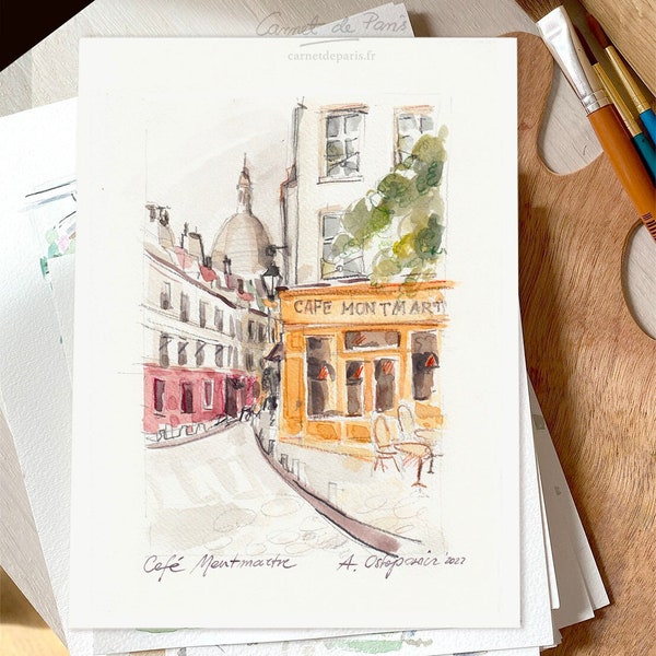 Café Montmartre - aquarelle de Paris, impression d'art de Paris, art mural de Paris, esquisse de Paris, peinture de Paris, Sacré-Cœur, peinture à l'aquarelle de Paris