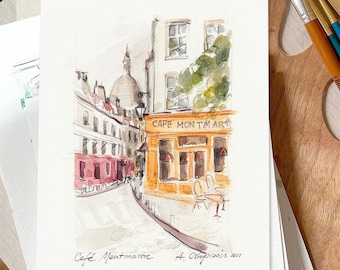 Lámina artística en acuarela del Café Montmartre de París