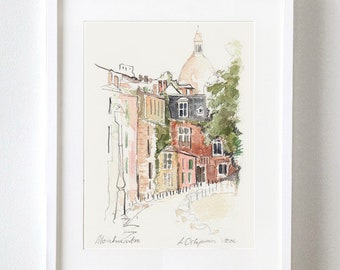 Paris Watercolor Print: Rue de Montmartre Art, Sacré-Cœur Sketch