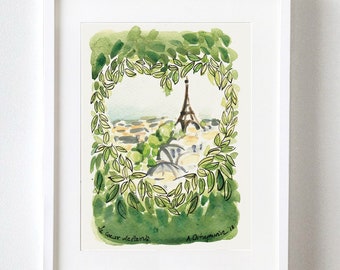 Paris Eiffel Tower Watercolor Art Print: La Coeur de Paris