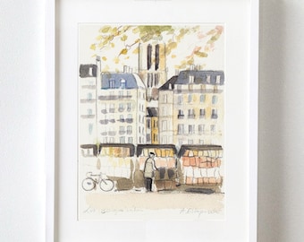 Grabado de Les Bouquinistes Paris: Pintura en acuarela firmada
