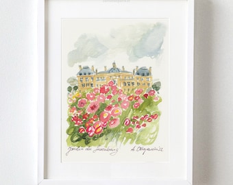 Paris Watercolor Print: Jardin du Luxembourg, Pink Flowers