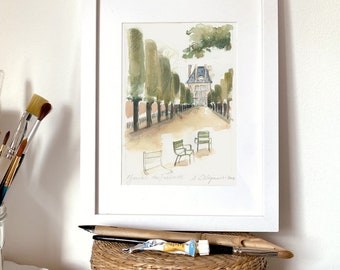 Puede incluir: Una pintura de acuarela enmarcada de un patio parisino con una hilera de árboles y dos sillas. La pintura está firmada "Jardin des Tuileries, J. Catipon 2005".