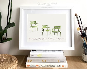 Paris Art Print: Luxembourg Garden Chairs Watercolor Painting
