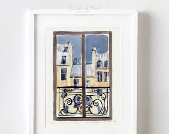 Impresión de arte de acuarela de París: La Fenêtre, vista de la ciudad
