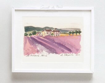 Provence Lavender Field Watercolor Art Print - French Landscape