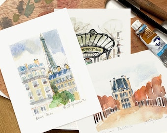 Paris postcards - Paris Watercolor, Paris Art Print, Paris wall art, Paris Poster, Paris Painting, Paris Art, Paris travel, France postcards