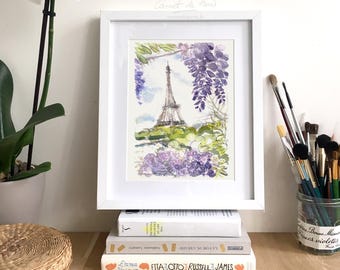 Impresión artística en acuarela de la Torre Eiffel de París: Pintura de flores de glicina