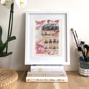 Printemps à Paris - aquarel Parijs, Parijs Art Print, kunst aan de muur Parijs, roze Dalila, Parijs schilderij, kunst Parijs, aquarel Parijs