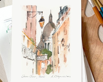 モンマルトル パリ 水彩画：サクレ・クール寺院 秋の街並み - Etsy 日本