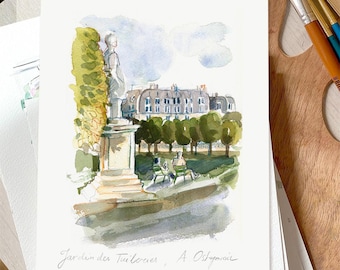 Lámina artística de París: Pintura en acuarela del Jardín de las Tullerías