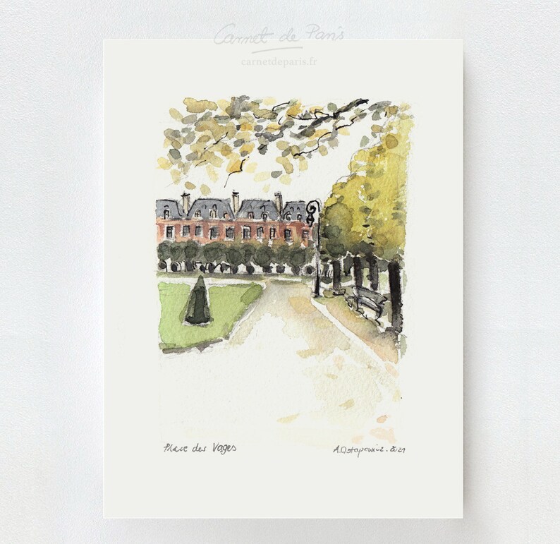 May include: Watercolor painting of a Parisian courtyard with a building in the background, trees, and a path leading to a small park. The text "Place des Vosges" is written at the bottom of the image.