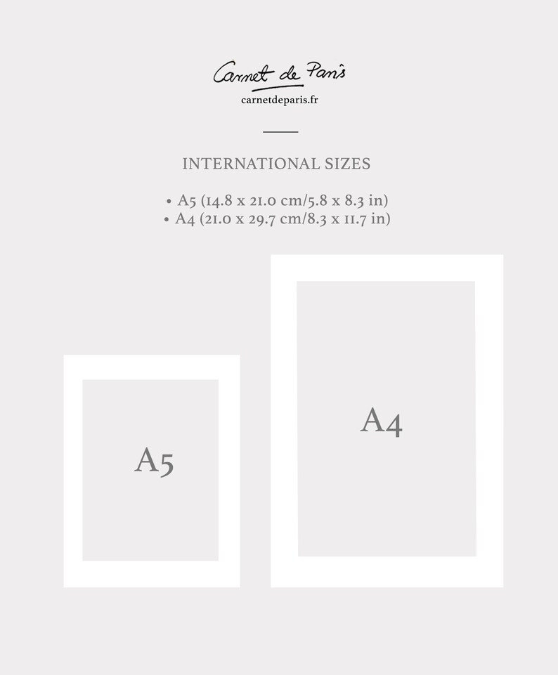 May include: A diagram showing the difference in size between A4 and A5 paper. The A4 paper is larger than the A5 paper. The dimensions of each paper size are listed in both centimeters and inches.