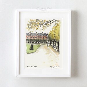May include: Watercolor painting of a Parisian courtyard with trees and a building in the background. The painting is signed "A.Gourmand 2021" and titled "Place des Vosges".