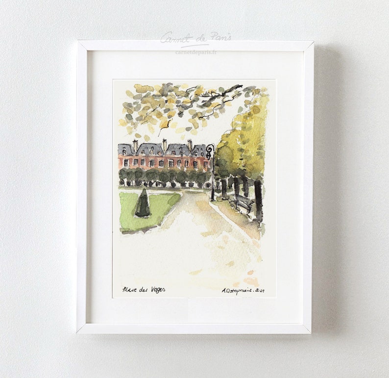 May include: Watercolor painting of a Parisian courtyard with trees and a building in the background. The painting is signed "A.Gourmand 2021" and titled "Place des Vosges".