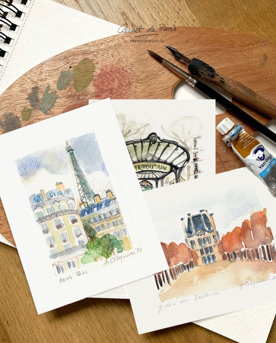 Paris Watercolor Postcards: Eiffel Tower, Metro, Tuileries Garden (Set of 3)