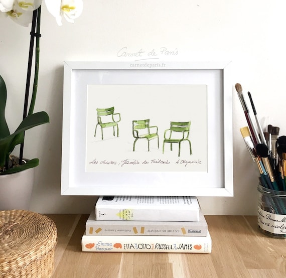 Paris Art Print: Luxembourg Garden Chairs Watercolor Painting