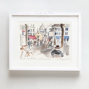 Place du Tertre Montmartre - Parijs aquarel, Parijs Art Print, Parijs kunst aan de muur, Parijs schets, Parijs schilderij, Sacré-Cœur, Parijs schilderij