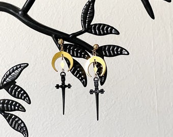 Handmade Gold Dangle Earrings - Sword - small earrings - Boho Jewelry made of brass stainless steel alloy Minimalist