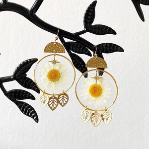 Handmade plant epoxy resin gold dangle earrings - Flower earrings - Long earrings - Boho jewelry - Bohemian moon luna jewelry