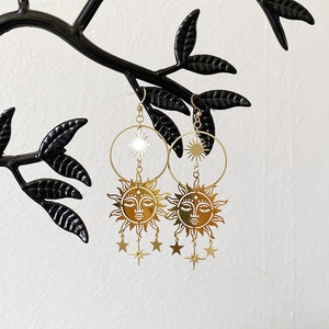 Handmade Star Hand Gold Dangle Earrings - Long Earrings - Boho Jewelry -Bohemian Moon Luna Sun Jewelry Earrings