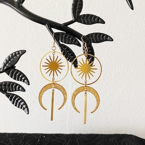 Gold Dangle Earrings - Long Earrings - Boho Jewelry -Bohemian Moon Sun Luna Jewelry
