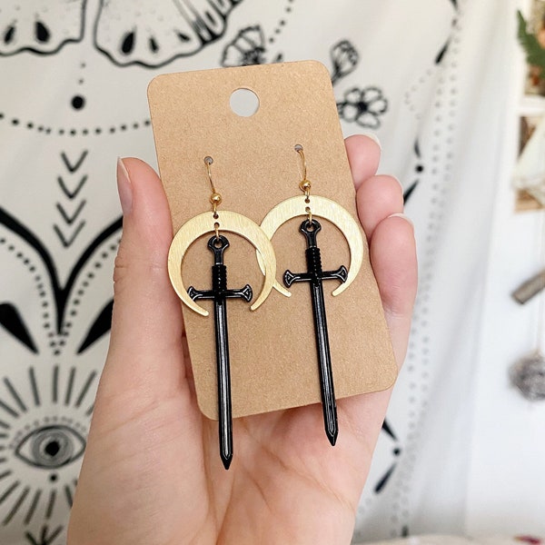 Handmade Gold Dangle Earrings -Sword - Long Earrings - Boho Jewelry in Brass Minimalist