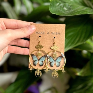 Handmade Butterfly Epoxy Resin Gold Dangle Earrings - Butterflies Earrings - Long Earrings - Boho Jewelry - Bohemian Moon Luna