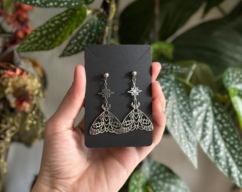 1 pair of silver moth dangling earrings - small earrings - magical witch earrings - stainless steel earrings